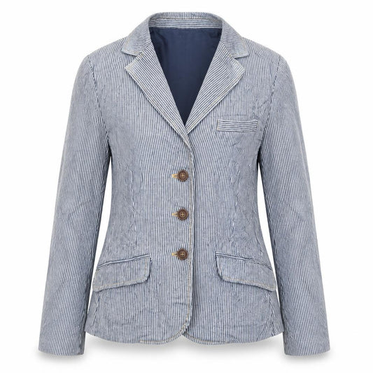 Front view of H&M women’s blue striped jacket blazer, size UK 10
