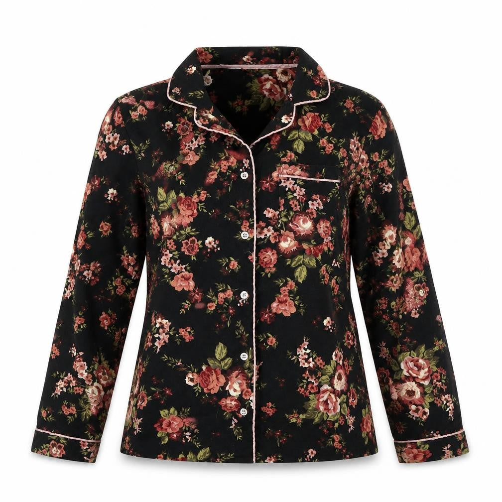 Front view of Next women’s black floral basic blouse, size S, - pj top