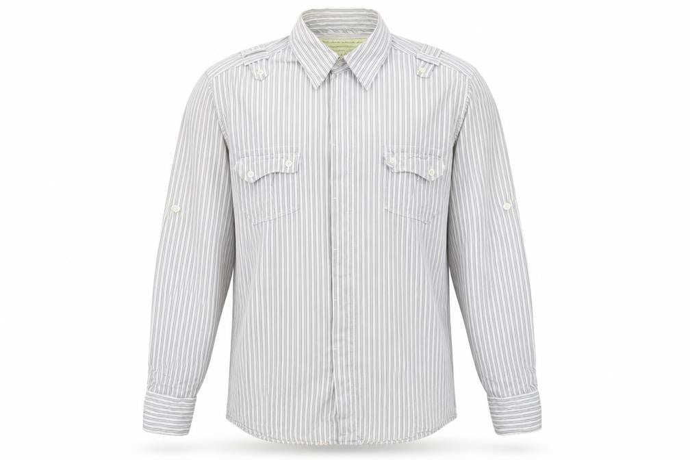 Front view of Preworn men’s grey striped button-up, size XL