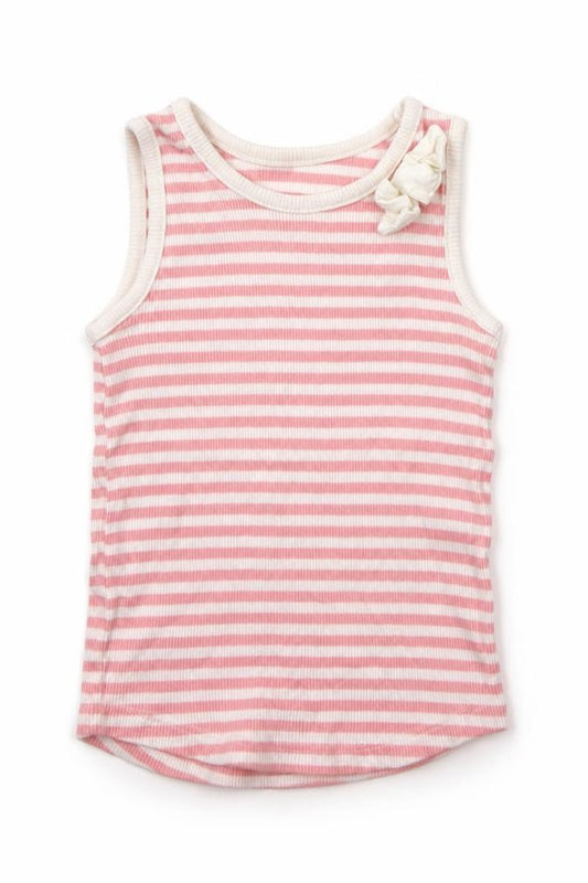 Front view of Matalan girls’ pink striped basic tank, size 12-18, months