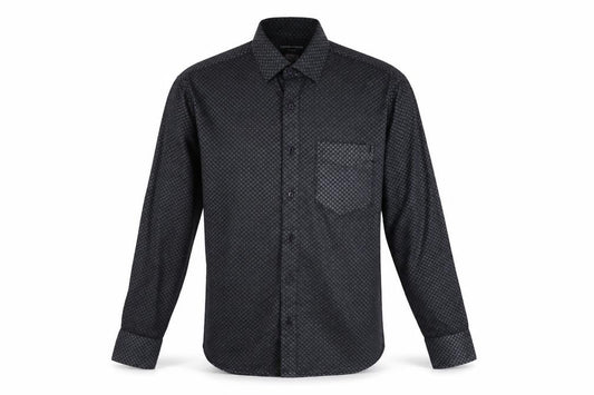Front view of Hawkins & jenkins men’s black geometric button-up, size 16.5