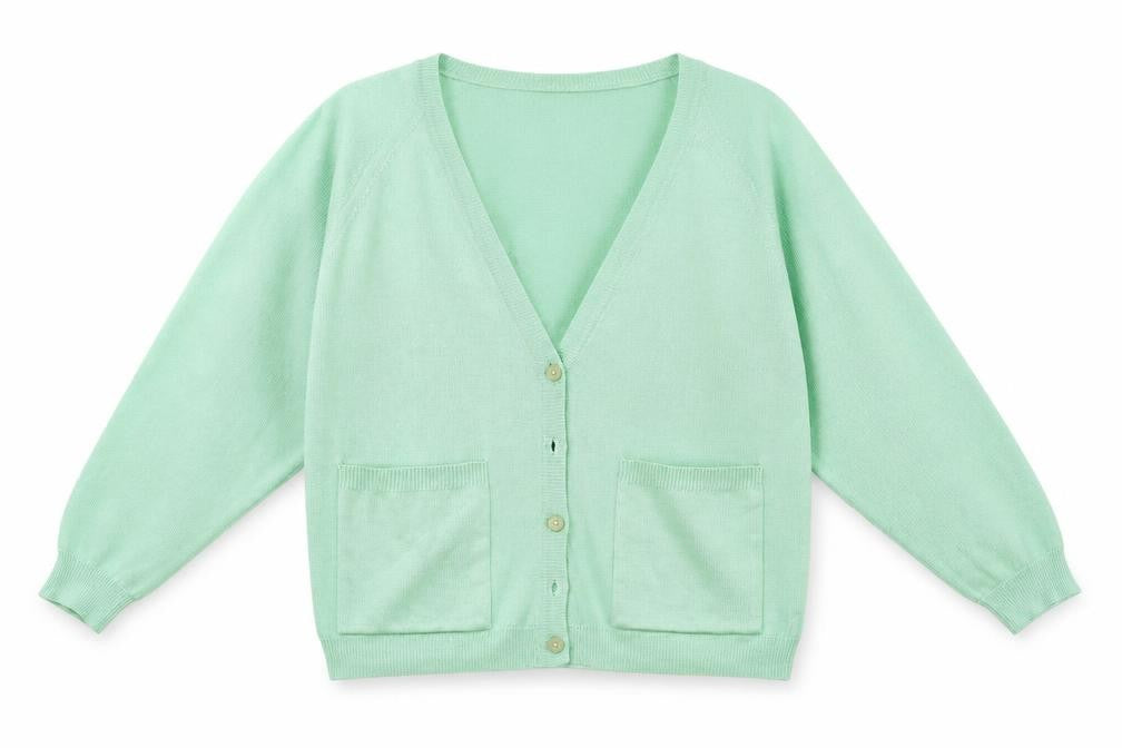 Front view of Preworn women’s green cardigan jumper, size UK 12