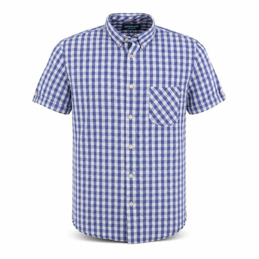 Front view of Avenue men’s blue check button-up, size M