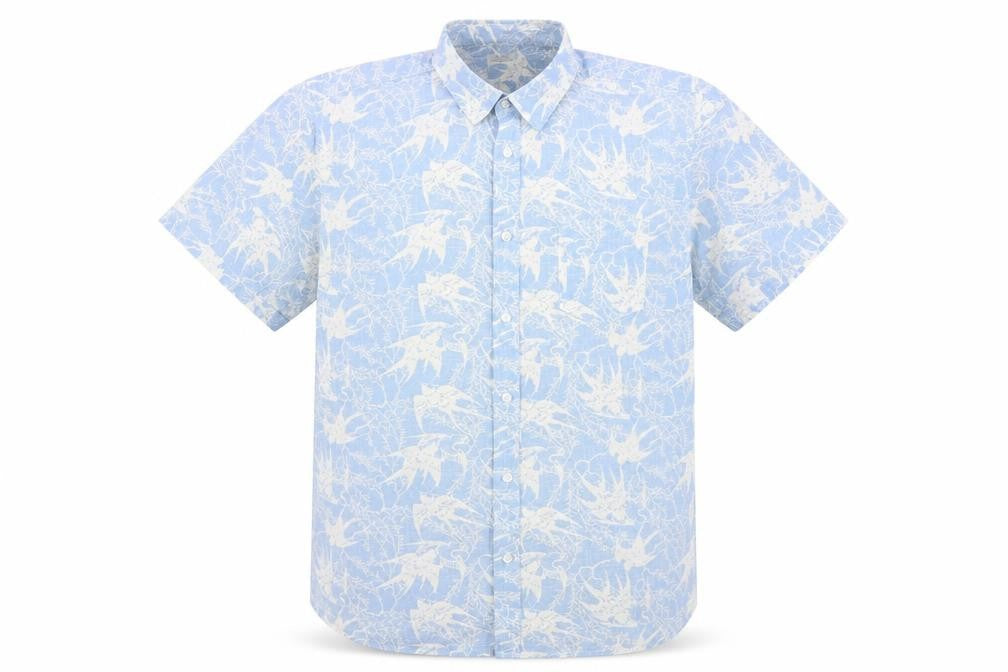 Front view of ACW85 men’s blue geometric button-up, size L