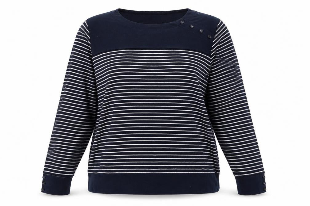 Front view of Bonmarché women’s blue striped pullover sweatshirt, size L