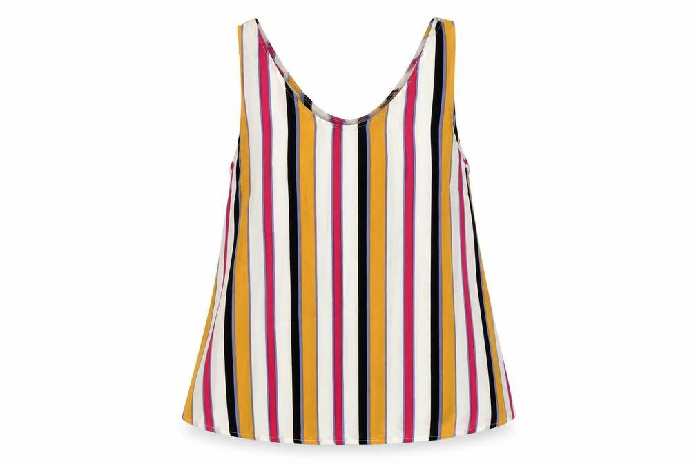 Front view of Primark women’s multicoloured striped basic tank, size UK 10