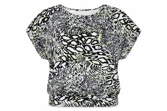 Front view of Envy women’s green animal print basic blouse, size UK 12