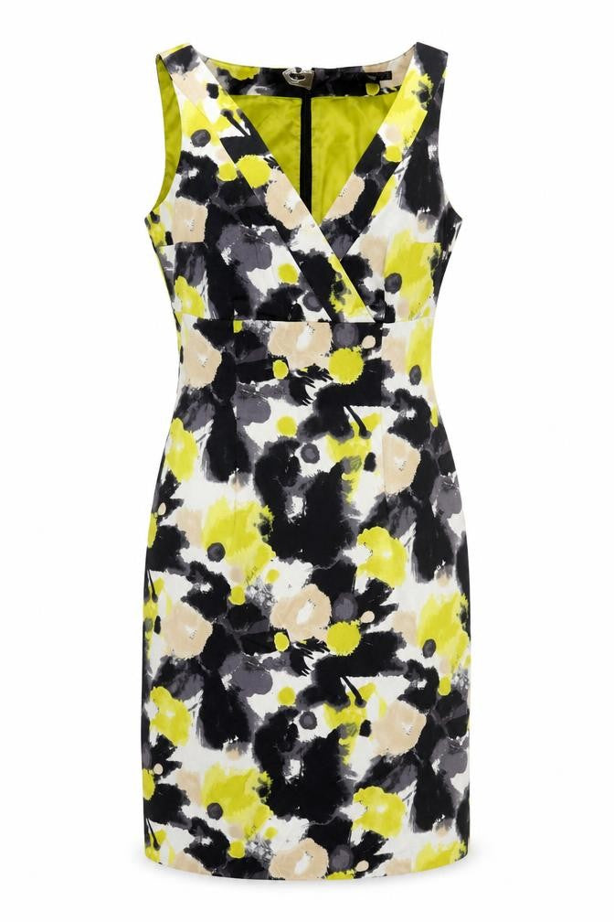 Front view of H&M women’s yellow floral a-line, size UK 10