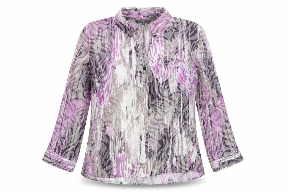 Front view of Ellie Louise women’s purple animal print basic blouse, size UK 12