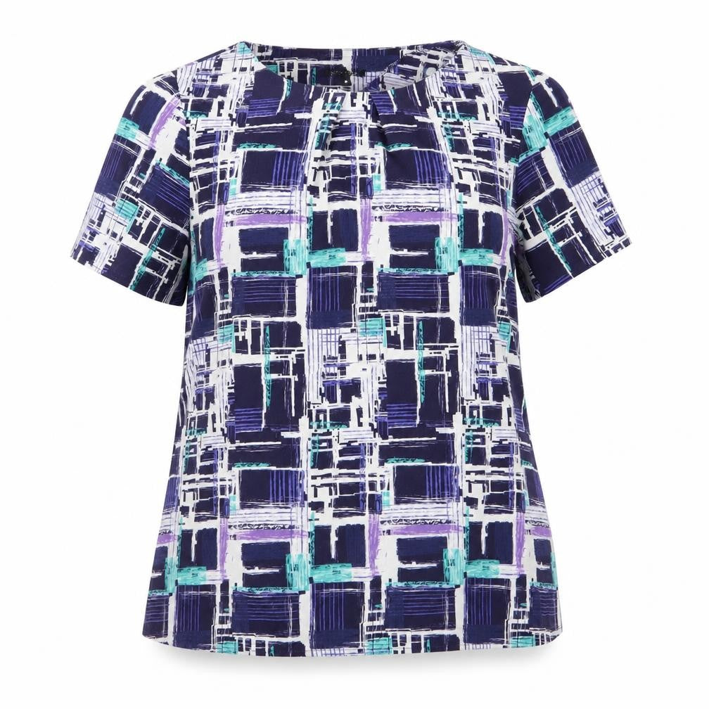Front view of Vortex women’s purple check basic blouse, size UK 14