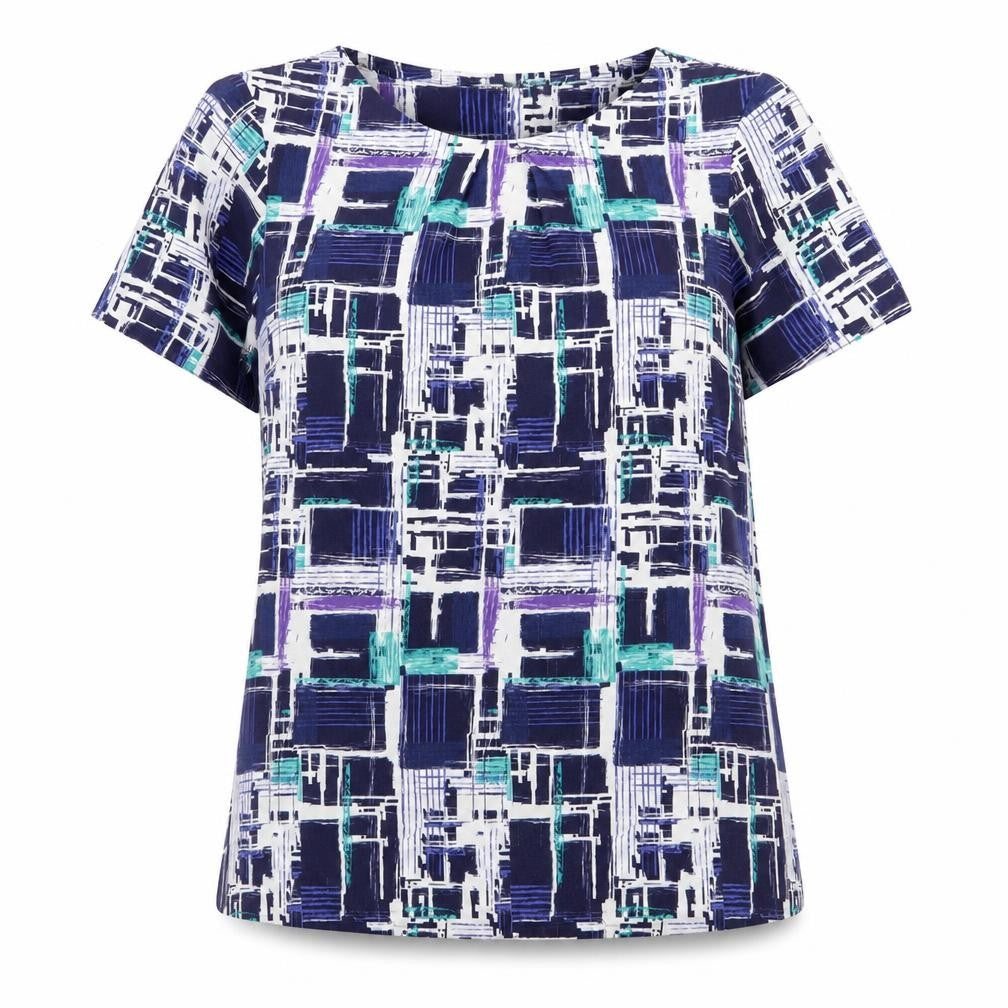 Front view of Vortex women’s blue check basic blouse, size UK 14