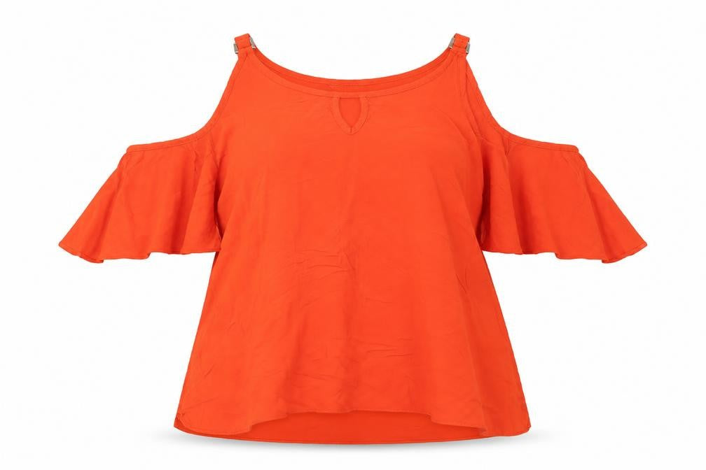 Front view of Peacocks women’s orange basic blouse, size UK 14, - open shoulders
