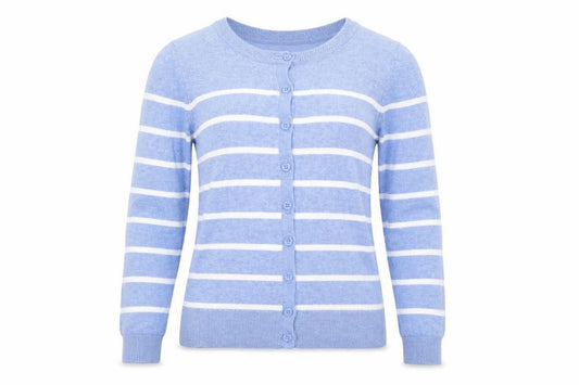 Front view of F&F women’s blue striped cardigan jumper, size UK 6