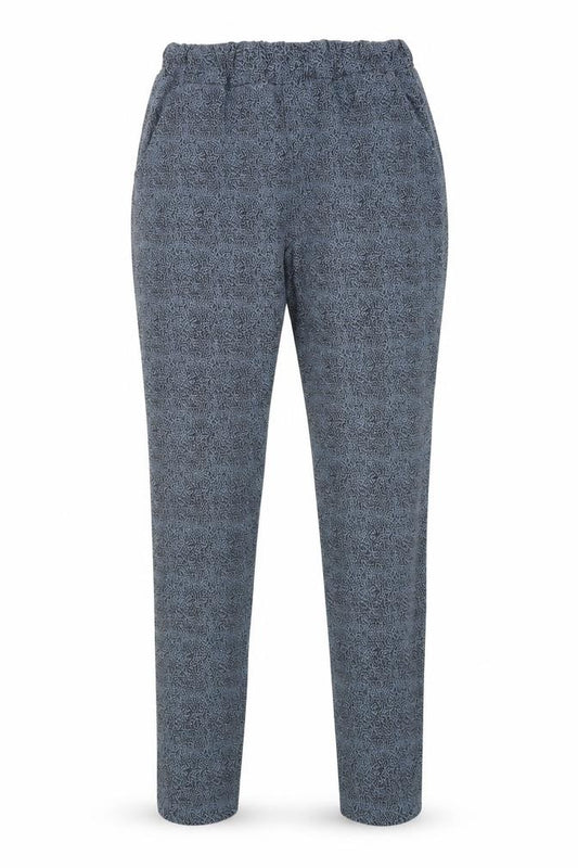 Front view of Preworn women’s blue animal print jogger leggings, 28-inch leg