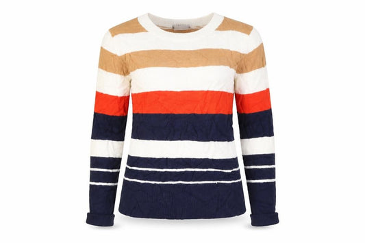 Front view of Oasis women’s multicoloured striped jumper, size S