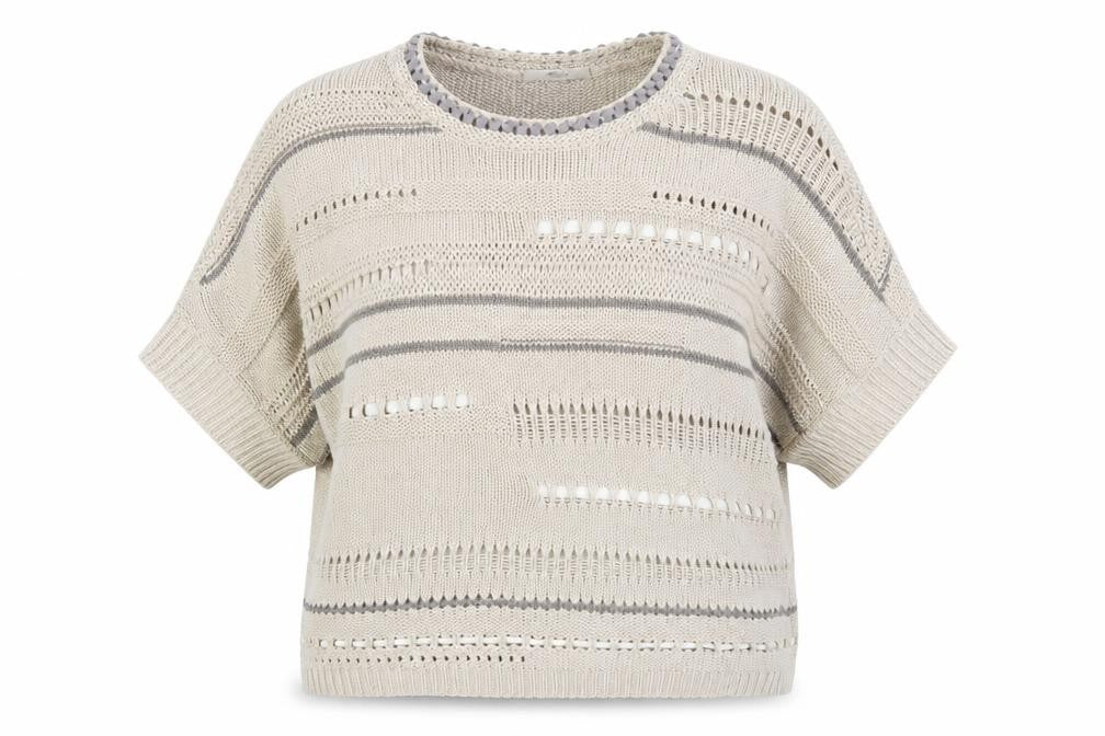 Front view of Marks & Spencer women’s beige striped jumper, size UK 18