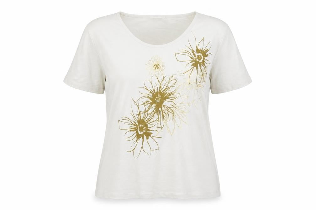 Front view of ELVI women’s white basic t-shirt, size S