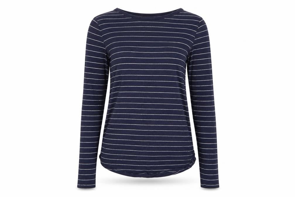 Front view of New Look women’s blue striped jumper, size UK 8