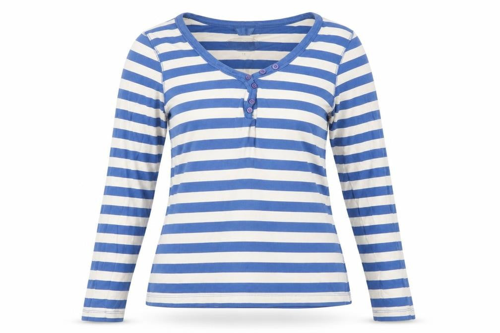 Front view of Seconda women’s blue striped jumper, size UK 14