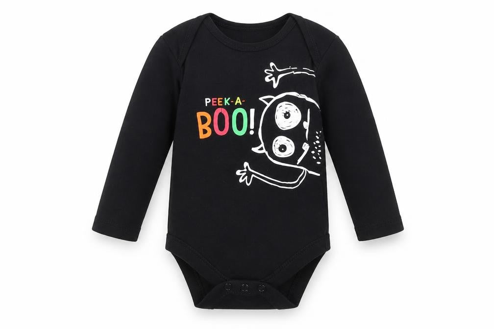 Front view of F&F boys’ black romper one-piece, size 6-9, months