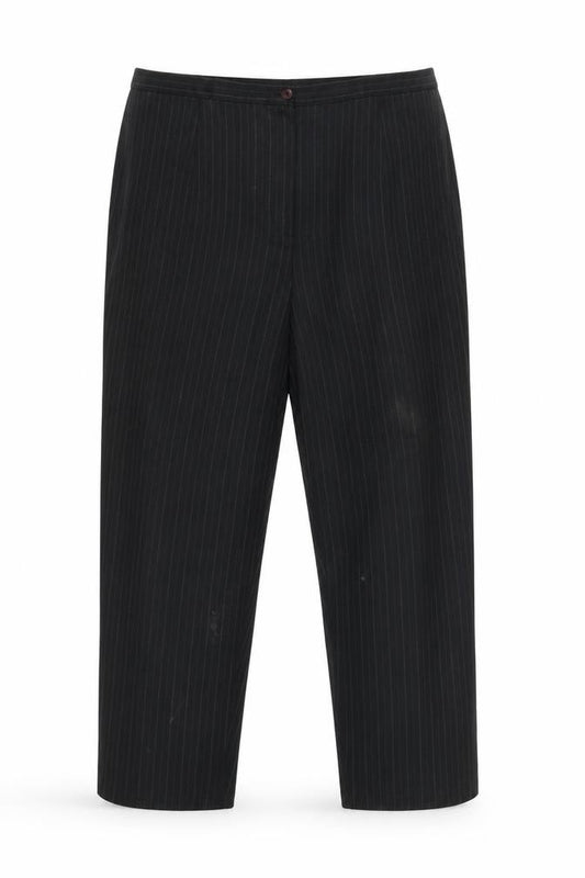 Front view of Essence women’s black striped trousers, size UK 22, 26-inch leg