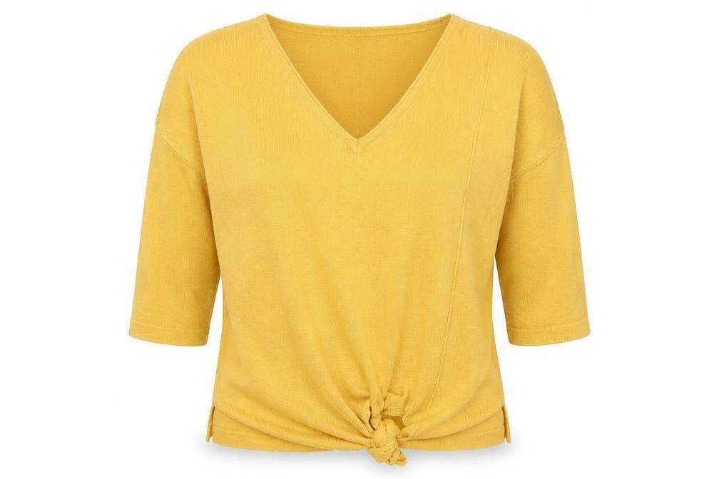 Front view of Marks & Spencer women’s yellow knit jumper, size UK 10