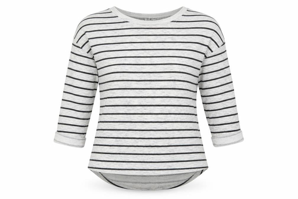 Front view of H&M women’s grey striped pullover sweatshirt, size S