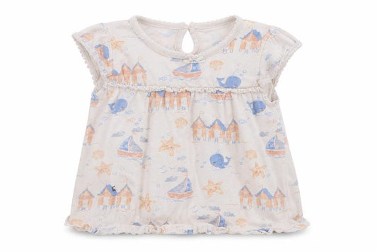 Front view of George girls’ white basic t-shirt, size 6-9, months - whales starfish boats