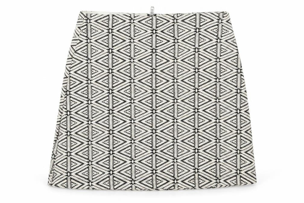 Front view of Topshop women’s beige geometric a-line skirt, size UK 8