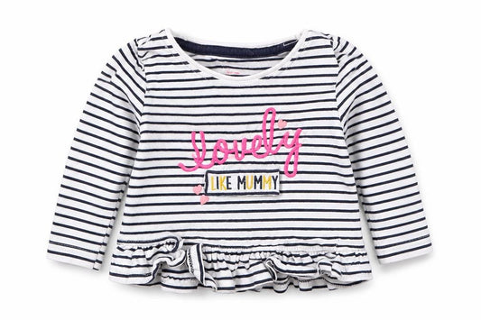 Front view of Primark girls’ blue striped basic t-shirt, size 9-12, months - lovely like mummy