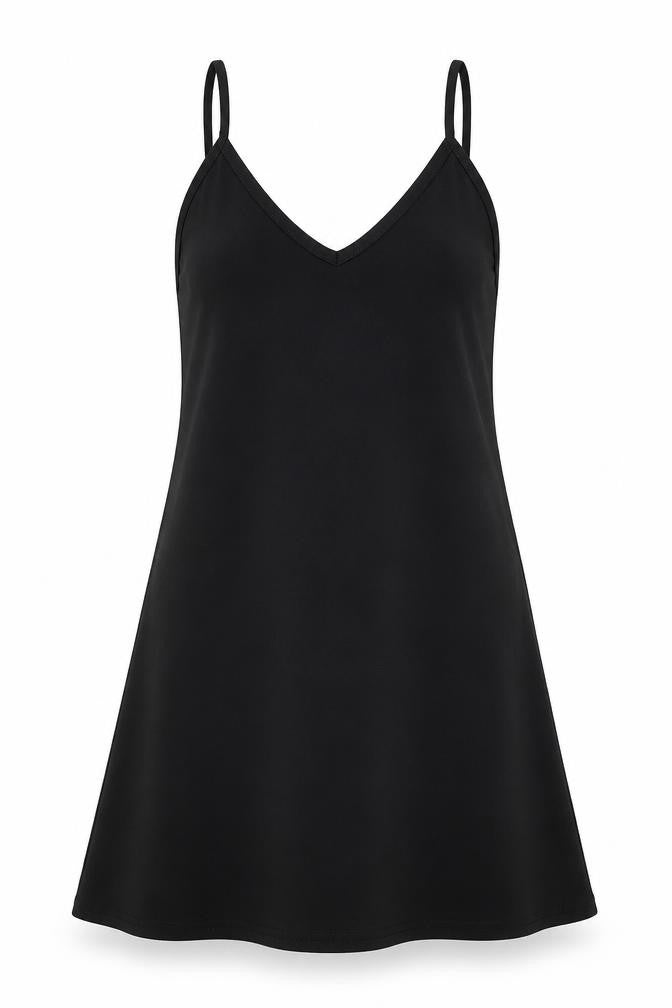 Front view of PRETTYLITTLETHING women’s black a-line, size UK 6