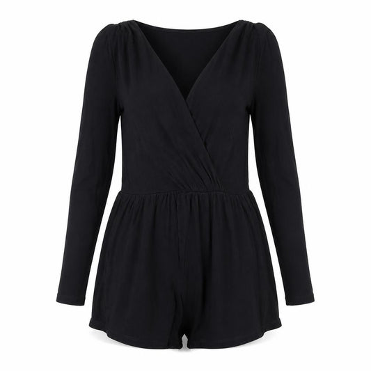 Front view of ASOS women’s black playsuit one-piece, size UK 6, 4-inch leg