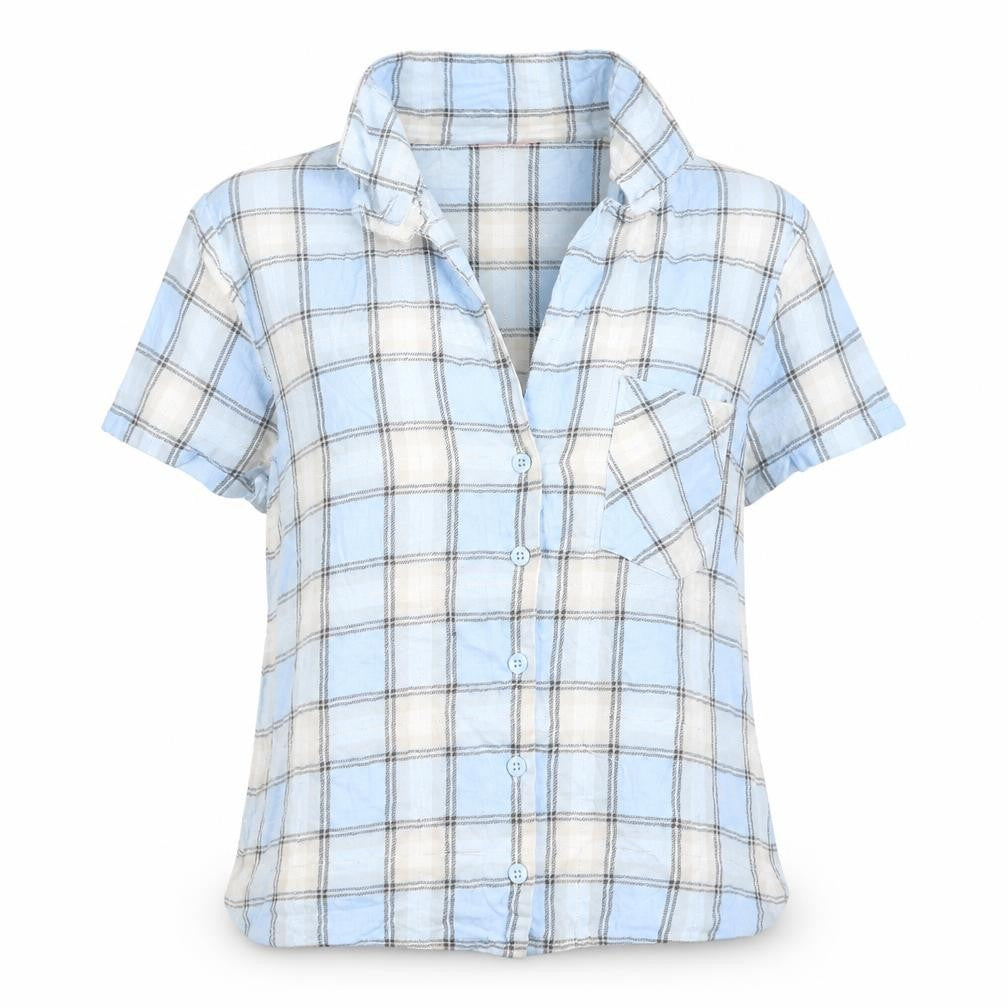 Front view of Boux Avenue women’s blue check top pyjama top, size UK 8
