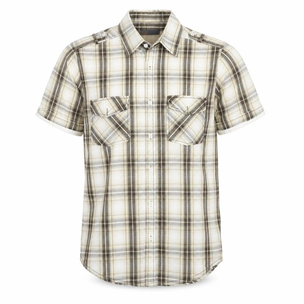 Front view of Trait men’s brown plaid button-up, size M