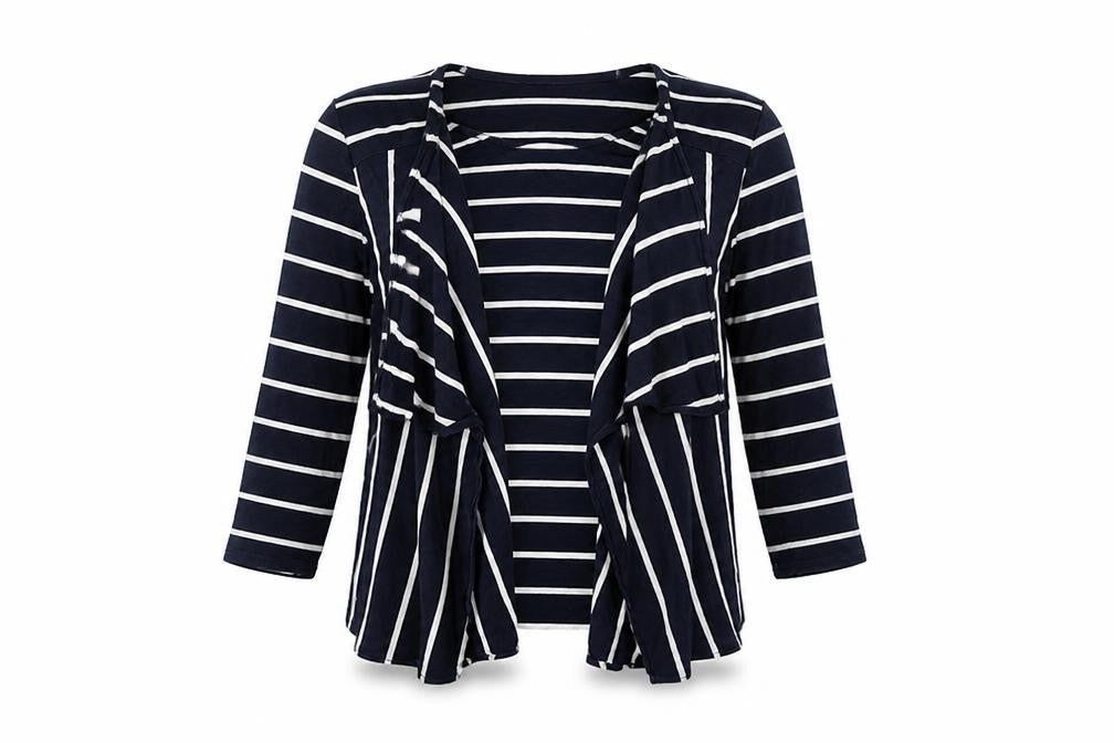Front view of Country Casuals women’s blue striped basic t-shirt, size S, - with cardigan