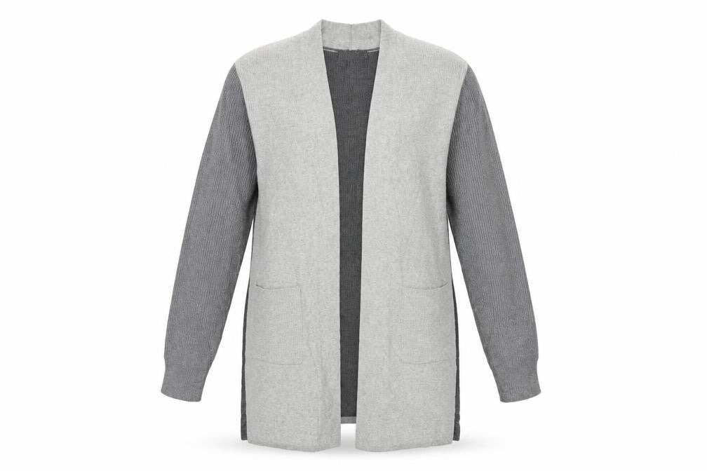 Front view of Marks & Spencer women’s grey knit cardigan jumper, size UK 12