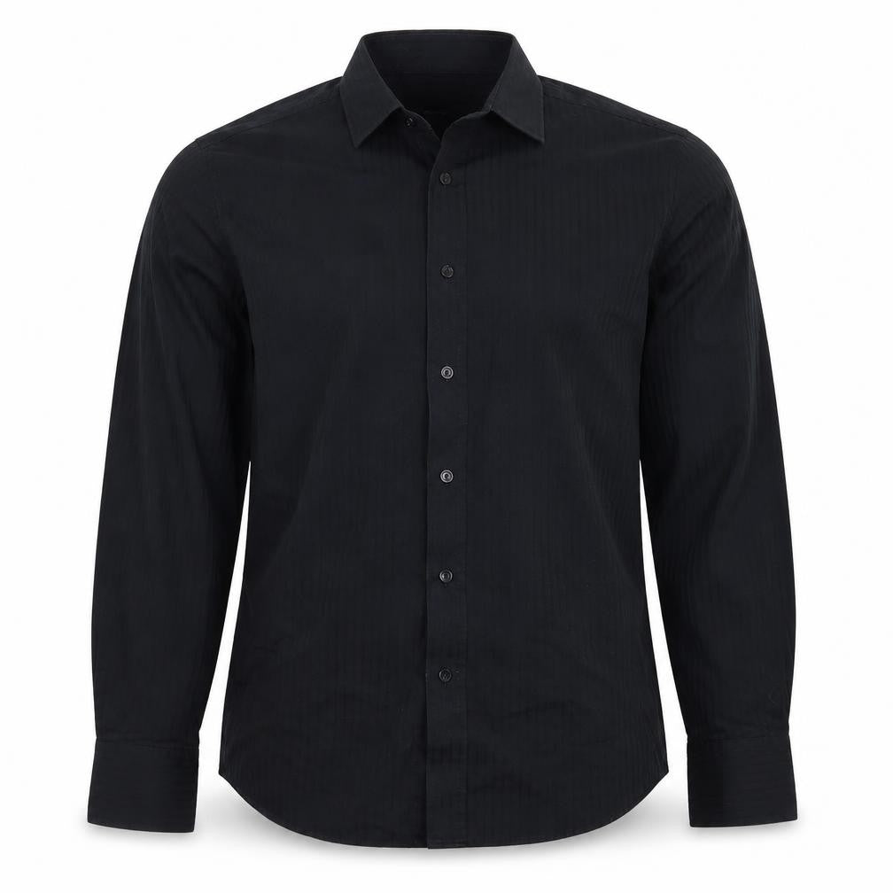 Front view of Cedarwood State men’s black button-up, size M