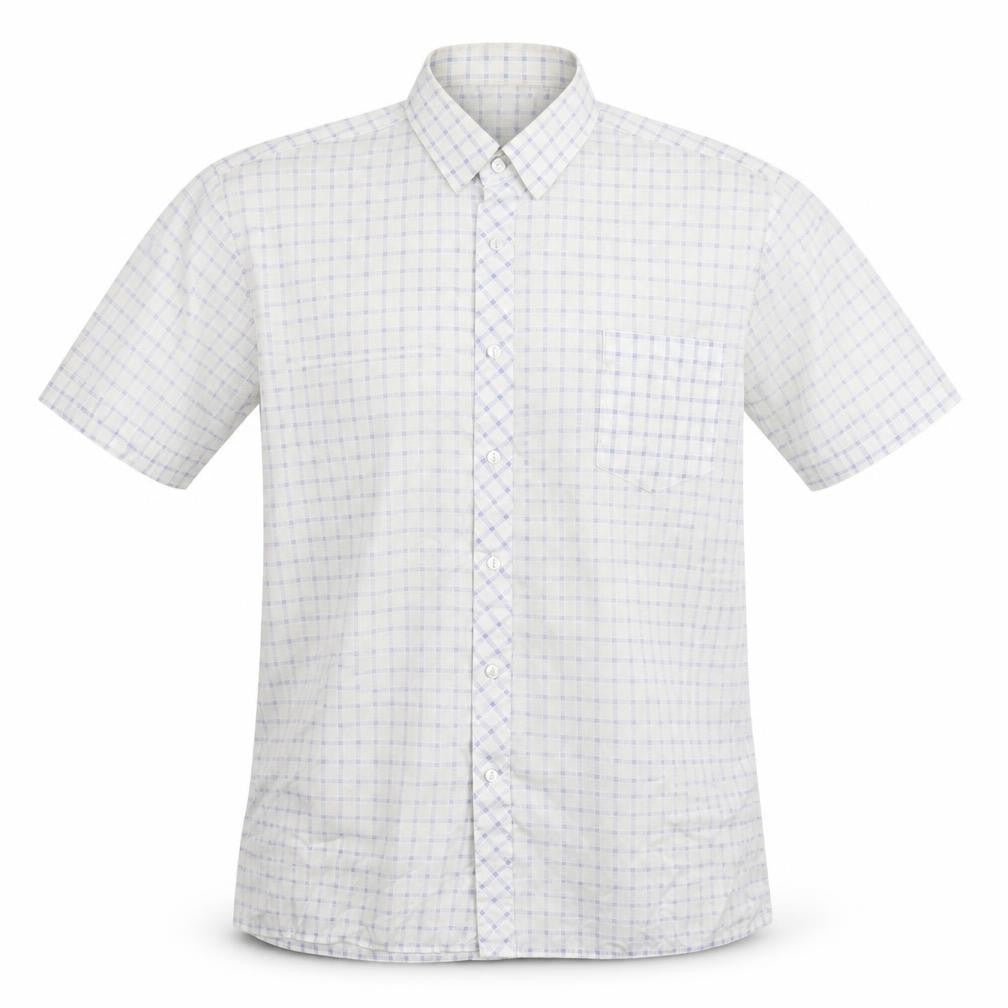Front view of Connaught men’s white check button-up, size M