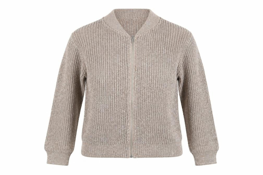 Front view of Atmosphere women’s grey knit bomber jacket jacket, size UK 12