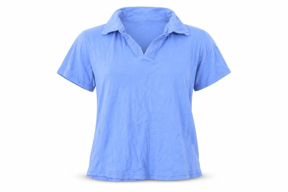 Front view of EWM women’s blue basic polo, size UK 14