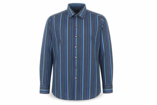 Front view of Linea men’s multicoloured striped button-up, size 16.5