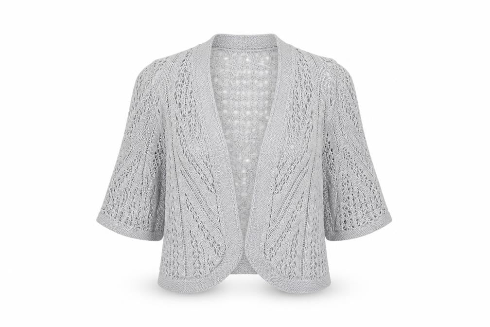 Front view of Preworn women’s grey cardigan jumper, size UK 10