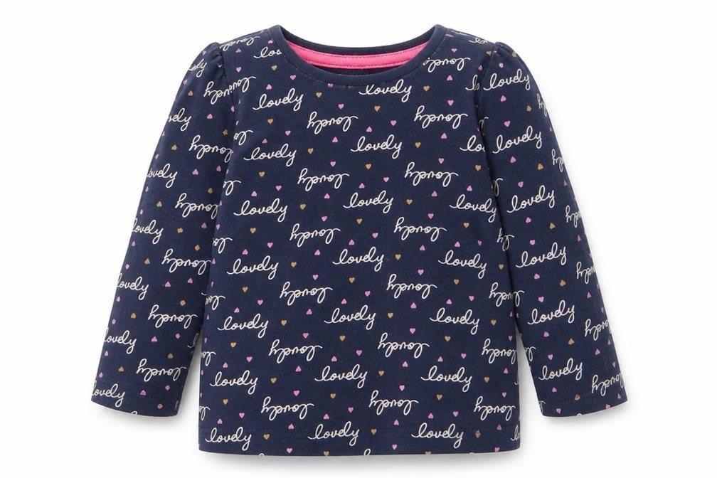 Front view of Primark girls’ blue basic t-shirt, size 9-12, months - lovely