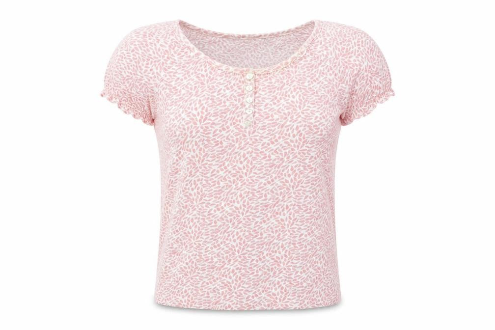 Front view of EWM women’s red floral basic t-shirt, size M