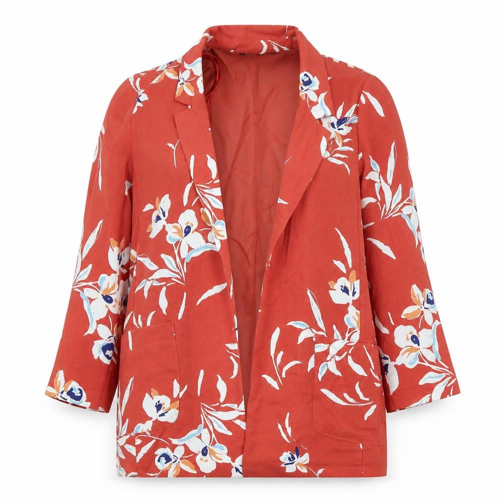 Front view of Bonmarché women’s red floral jacket blazer, size UK 10