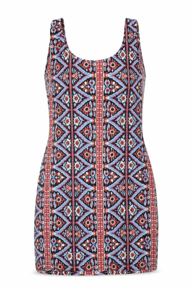 Front view of Primark women’s blue geometric bodycon, size UK 10