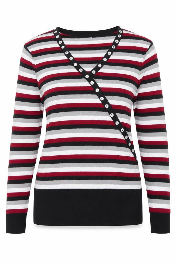 Front view of Country Casuals women’s red striped jumper, size S