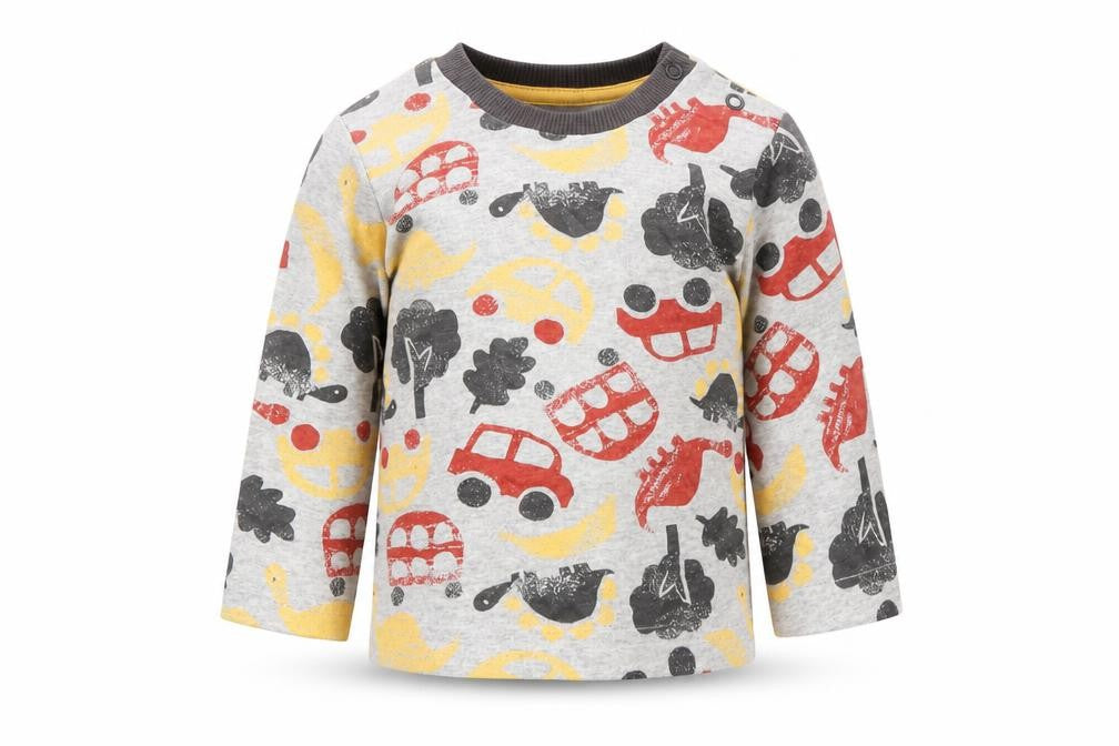 Front view of Nutmeg Baby Grey Basic T-Shirt, size 3-6, Months - Dinosaurs & Vehicles