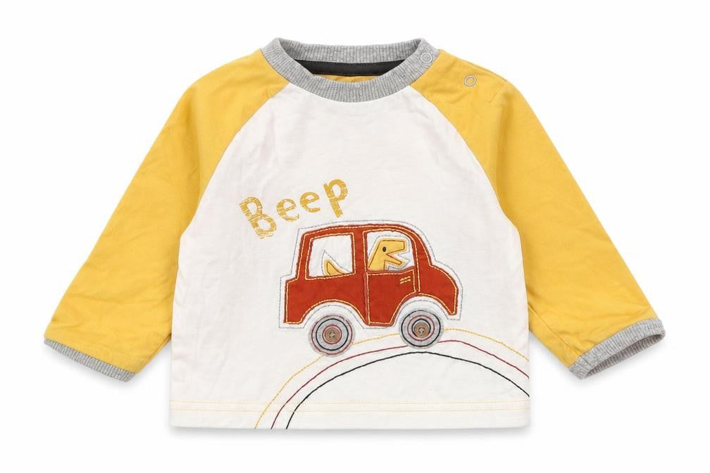 Front view of Nutmeg Baby Yellow Basic T-Shirt, size 3-6, Months - Driving T-Rex