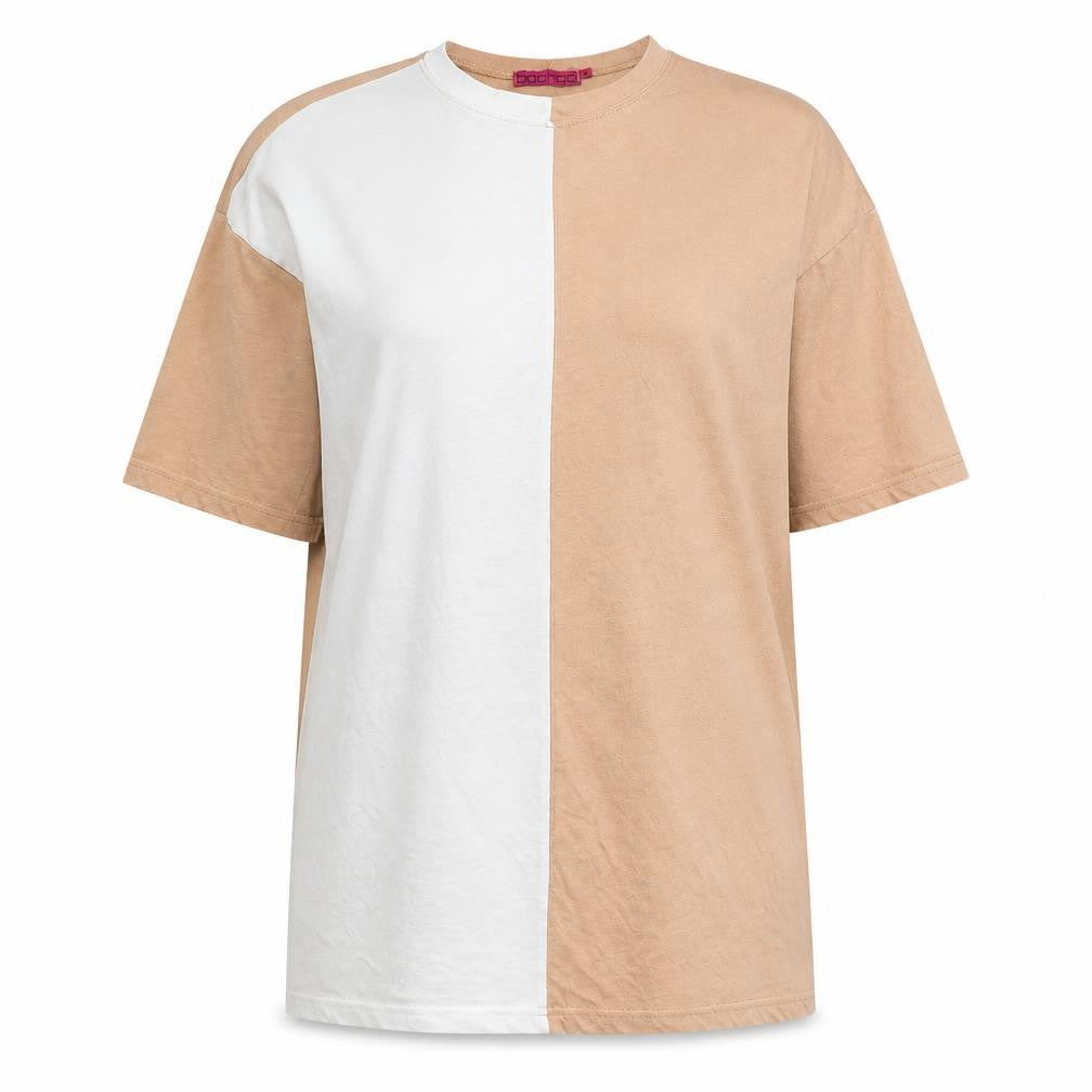 Front view of Boohoo women’s beige basic t-shirt, size UK 8